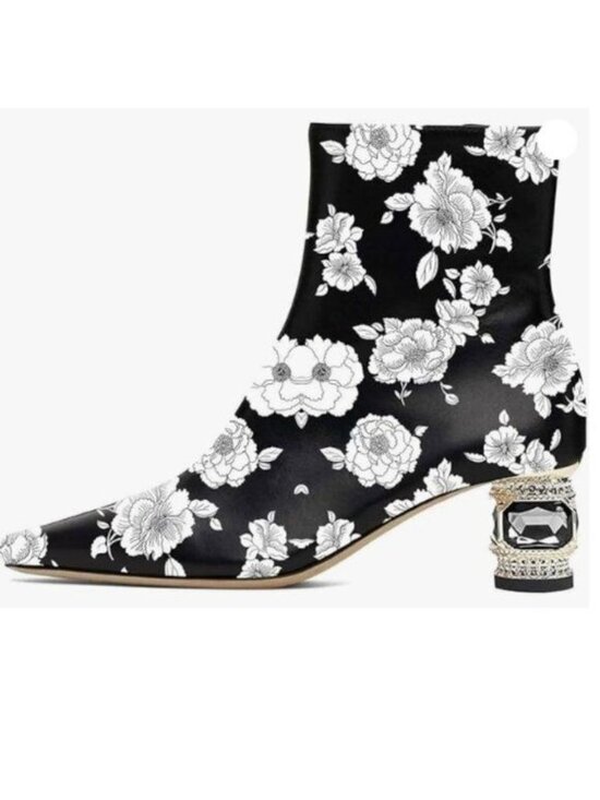 XYD Shoes - XYD Women Mid Low Chunky Crystal Gem Heel Ankle Boots Square Toe Boots Flowers